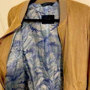 Zara New Perforated Faux Suede Jacket, fully lined with blue fatigue print.